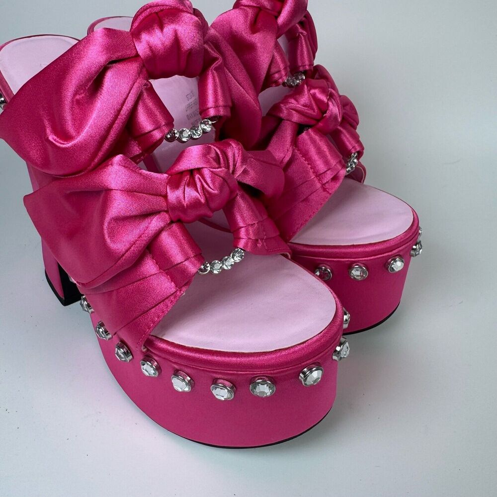 Sugar Thrillz Strike a Pose Diamante Bow Mule‎ Heels Pink Satin Platform Size 10 - Picture 9 of 12